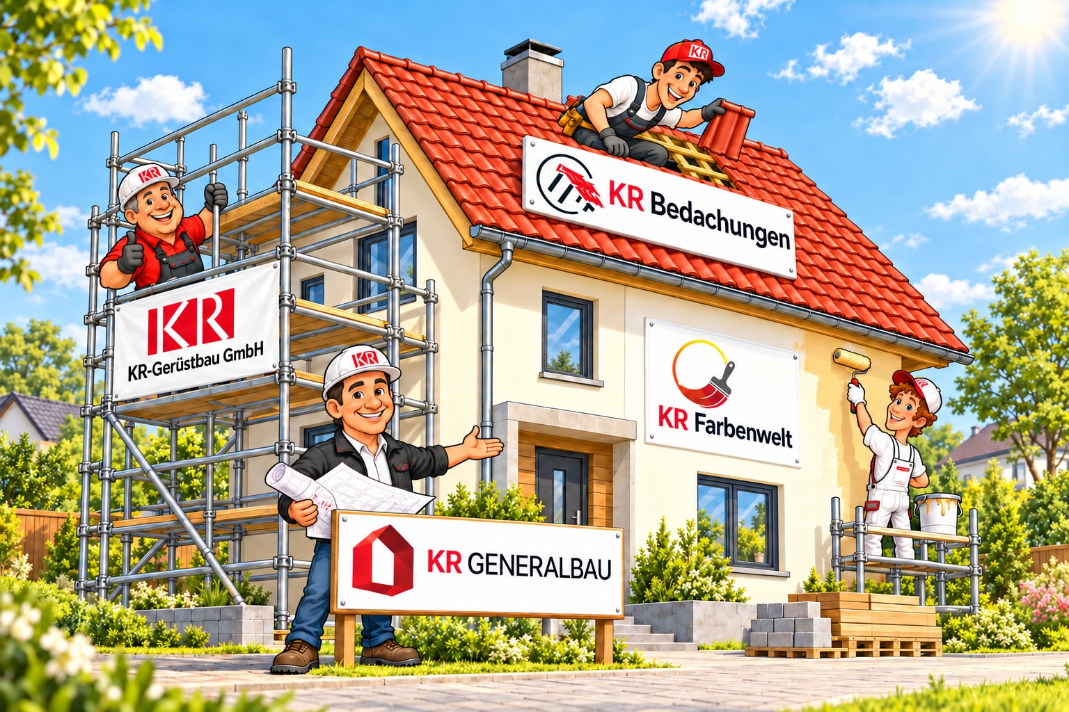 Karikatur der KR-Gruppe: Gerüstbau, Bedachungen, Farbenwelt und Generalbau arbeiten gemeinsam an einem Haus bei sonnigem Wetter.